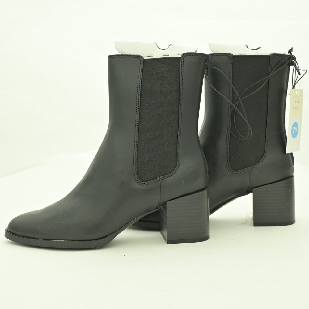 A New Day Black Slip On Block Chunky Heel Ankle Boots Size 7.5